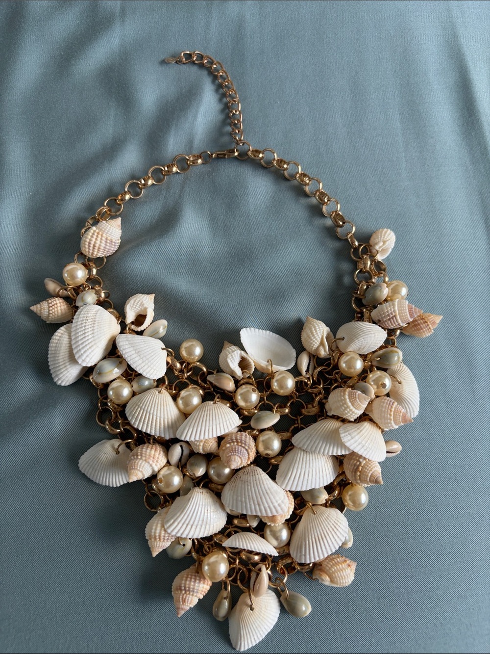 Gold-Tone Seashell Statement Necklace with Cream Pearls